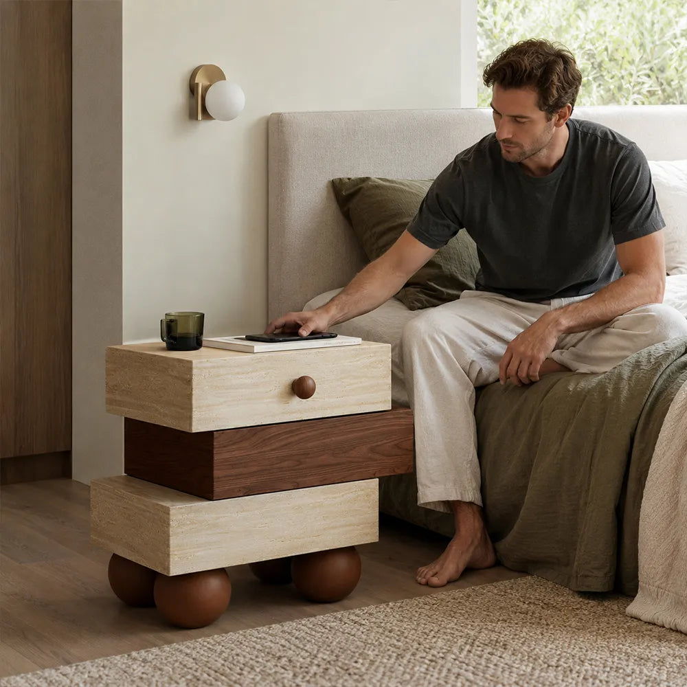 LIVARA Modern Bedside Table, Right-Offset Staggered Block Design, Walnut Finish, Travertine Texture, Round Ball Legs - Walnut & Travertine