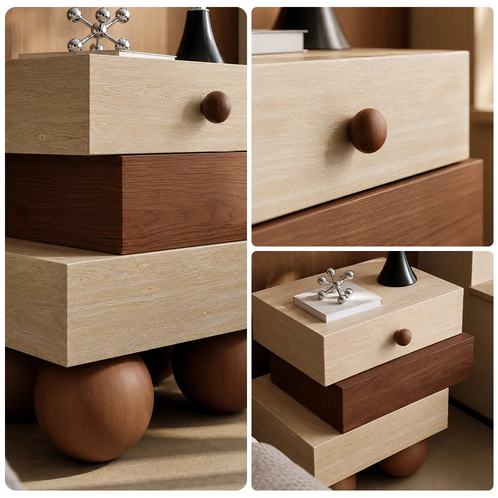 LIVARA Modern Bedside Table, Right-Offset Staggered Block Design, Walnut Finish, Travertine Texture, Round Ball Legs - Walnut & Travertine