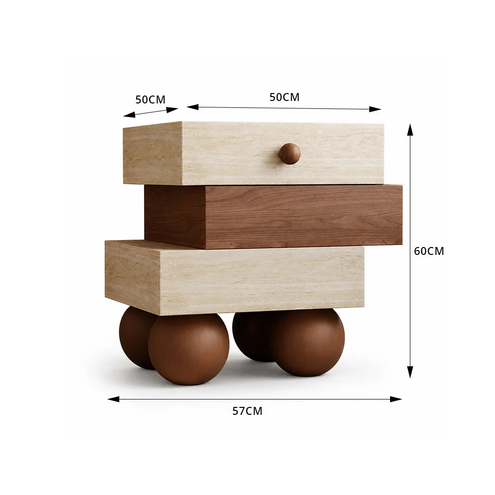 LIVARA Modern Bedside Table, Right-Offset Staggered Block Design, Walnut Finish, Travertine Texture, Round Ball Legs - Walnut & Travertine