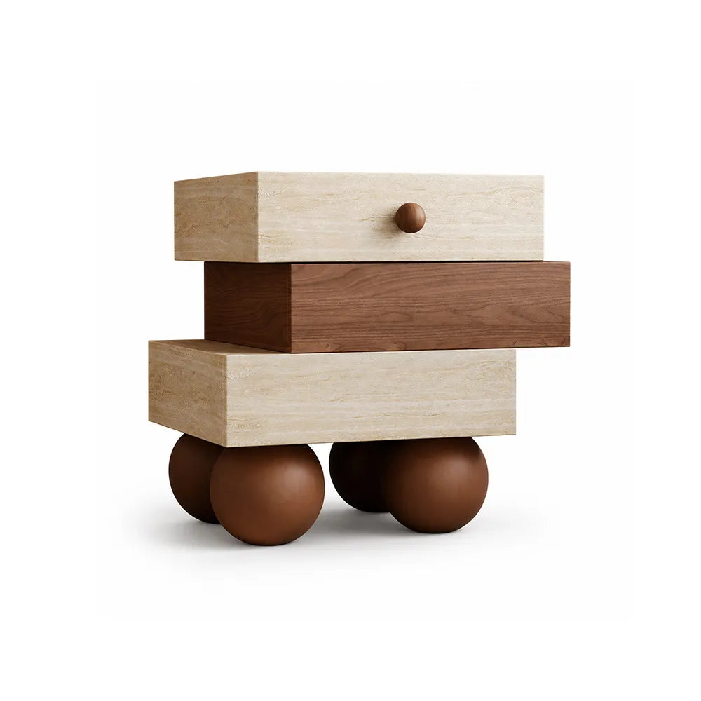 LIVARA Modern Bedside Table, Right-Offset Staggered Block Design, Walnut Finish, Travertine Texture, Round Ball Legs - Walnut & Travertine