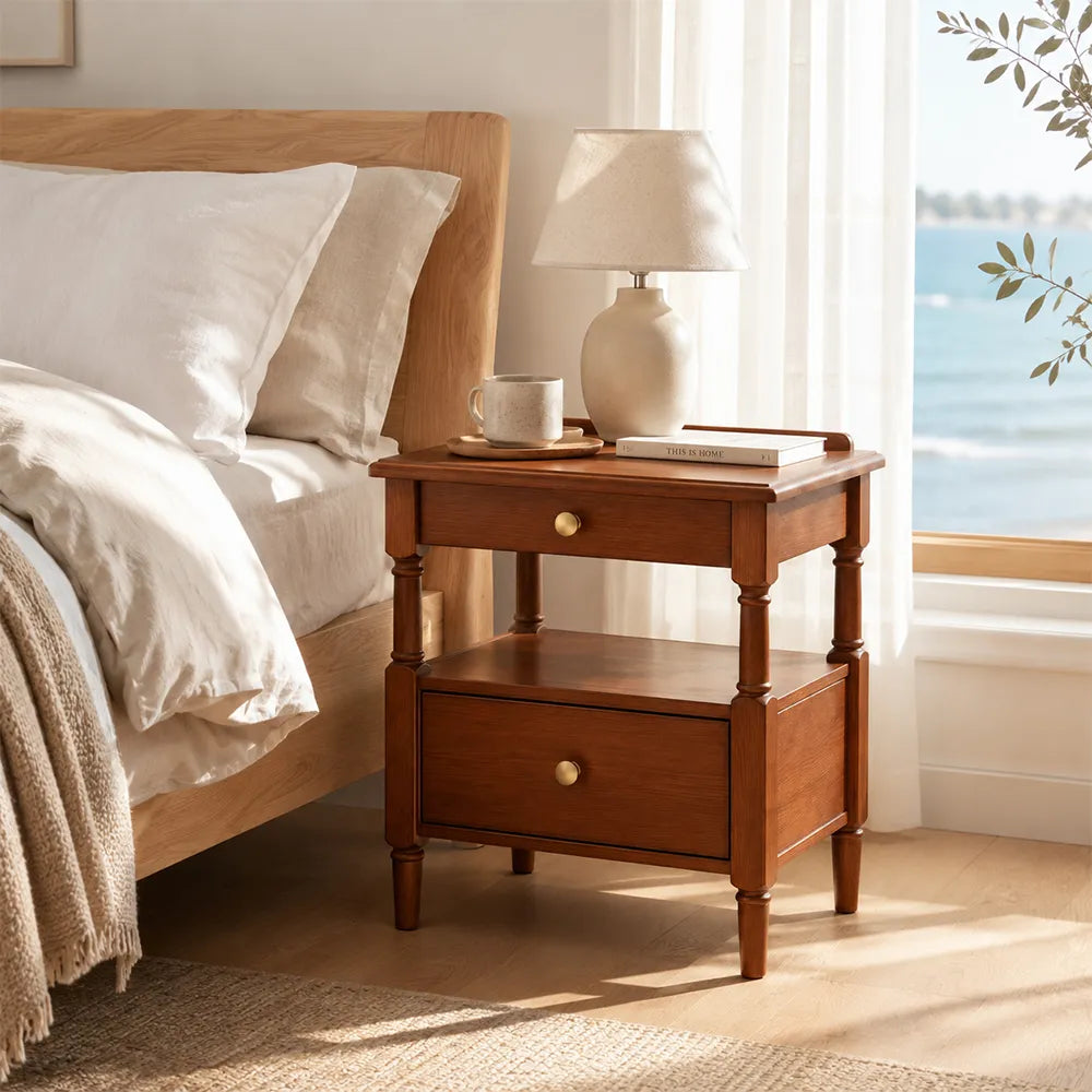 LIVARA French Vintage Red Oak Bedside Table with 2 Drawers, Open Storage Shelf, Turned Legs, Brass Knobs - Mid-Century Walnut