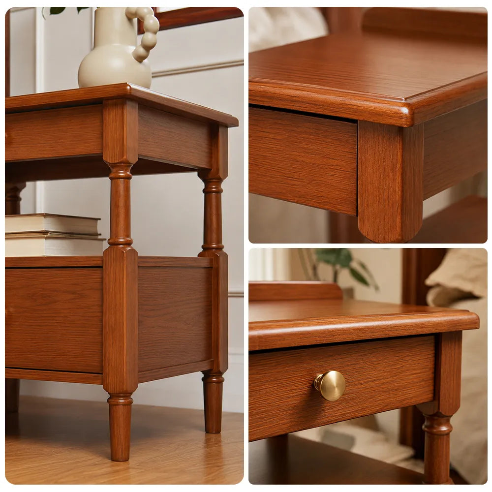 LIVARA French Vintage Red Oak Bedside Table with 2 Drawers, Open Storage Shelf, Turned Legs, Brass Knobs - Mid-Century Walnut