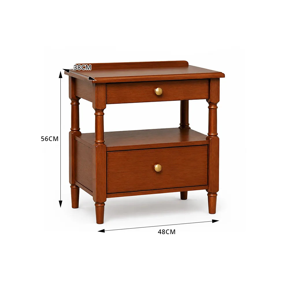 LIVARA French Vintage Red Oak Bedside Table with 2 Drawers, Open Storage Shelf, Turned Legs, Brass Knobs - Mid-Century Walnut