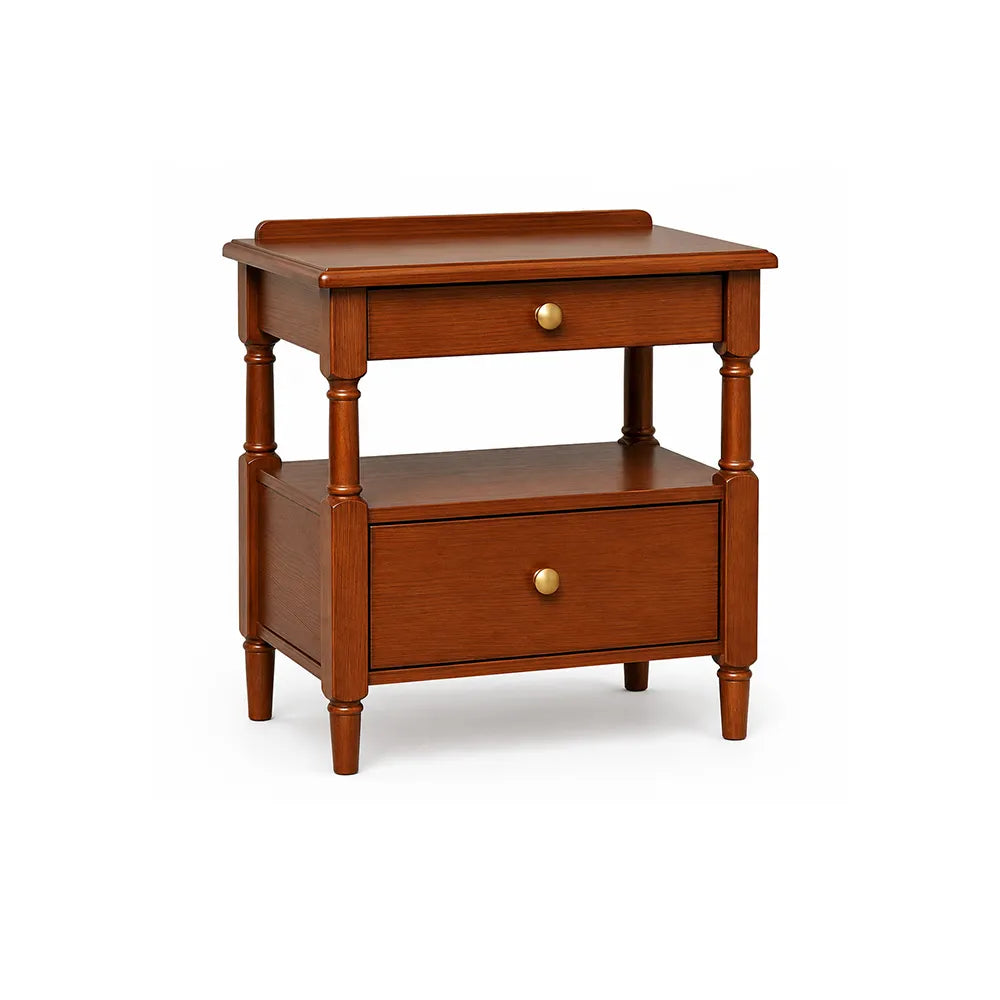 LIVARA French Vintage Red Oak Bedside Table with 2 Drawers, Open Storage Shelf, Turned Legs, Brass Knobs - Mid-Century Walnut