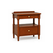 LIVARA French Vintage Red Oak Bedside Table with 2 Drawers, Open Storage Shelf, Turned Legs, Brass Knobs - Mid-Century Walnut