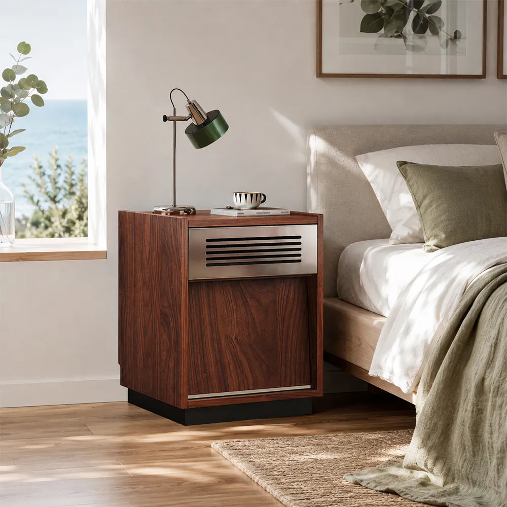 LIVARA Bauhaus Solid Wood Bedside Table with Storage Cabinet, Walnut Wood Grain Finish, Metal Accent Panel, Minimalist Design - Walnut