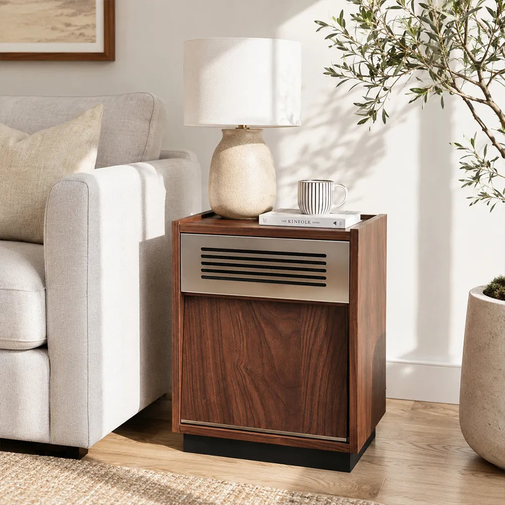 LIVARA Bauhaus Solid Wood Bedside Table with Storage Cabinet, Walnut Wood Grain Finish, Metal Accent Panel, Minimalist Design - Walnut