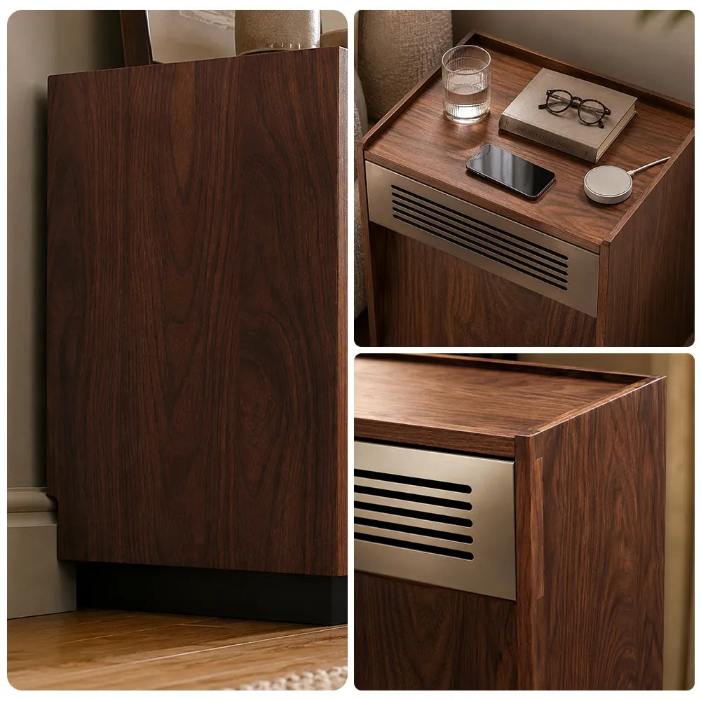 LIVARA Bauhaus Solid Wood Bedside Table with Storage Cabinet, Walnut Wood Grain Finish, Metal Accent Panel, Minimalist Design - Walnut