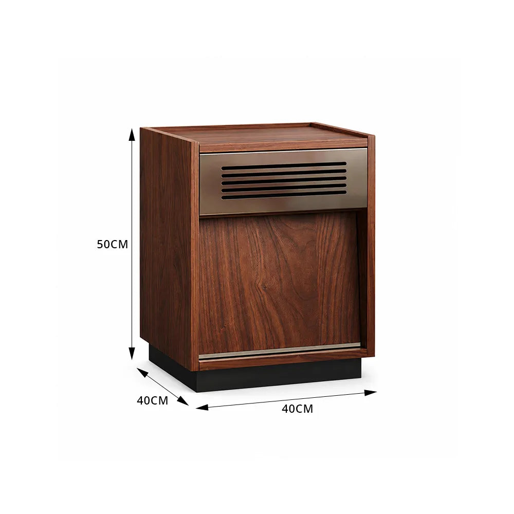LIVARA Bauhaus Solid Wood Bedside Table with Storage Cabinet, Walnut Wood Grain Finish, Metal Accent Panel, Minimalist Design - Walnut
