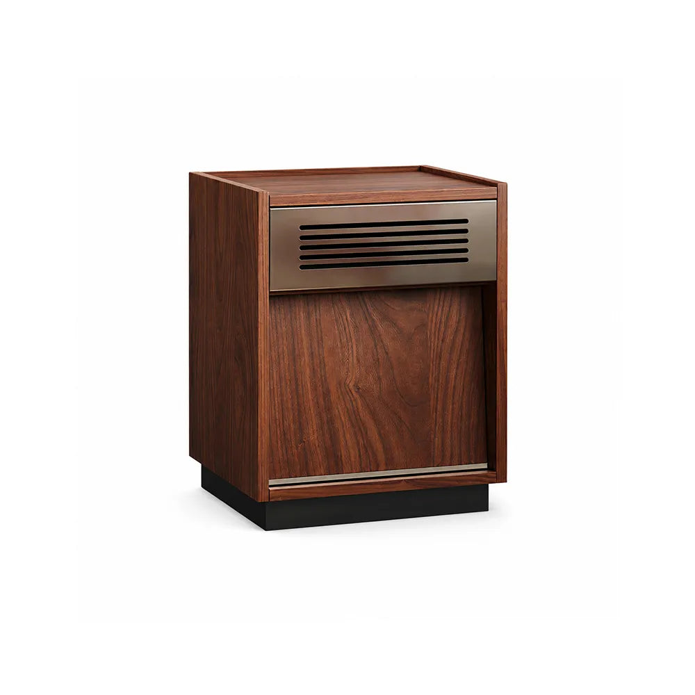 LIVARA Bauhaus Solid Wood Bedside Table with Storage Cabinet, Walnut Wood Grain Finish, Metal Accent Panel, Minimalist Design - Walnut
