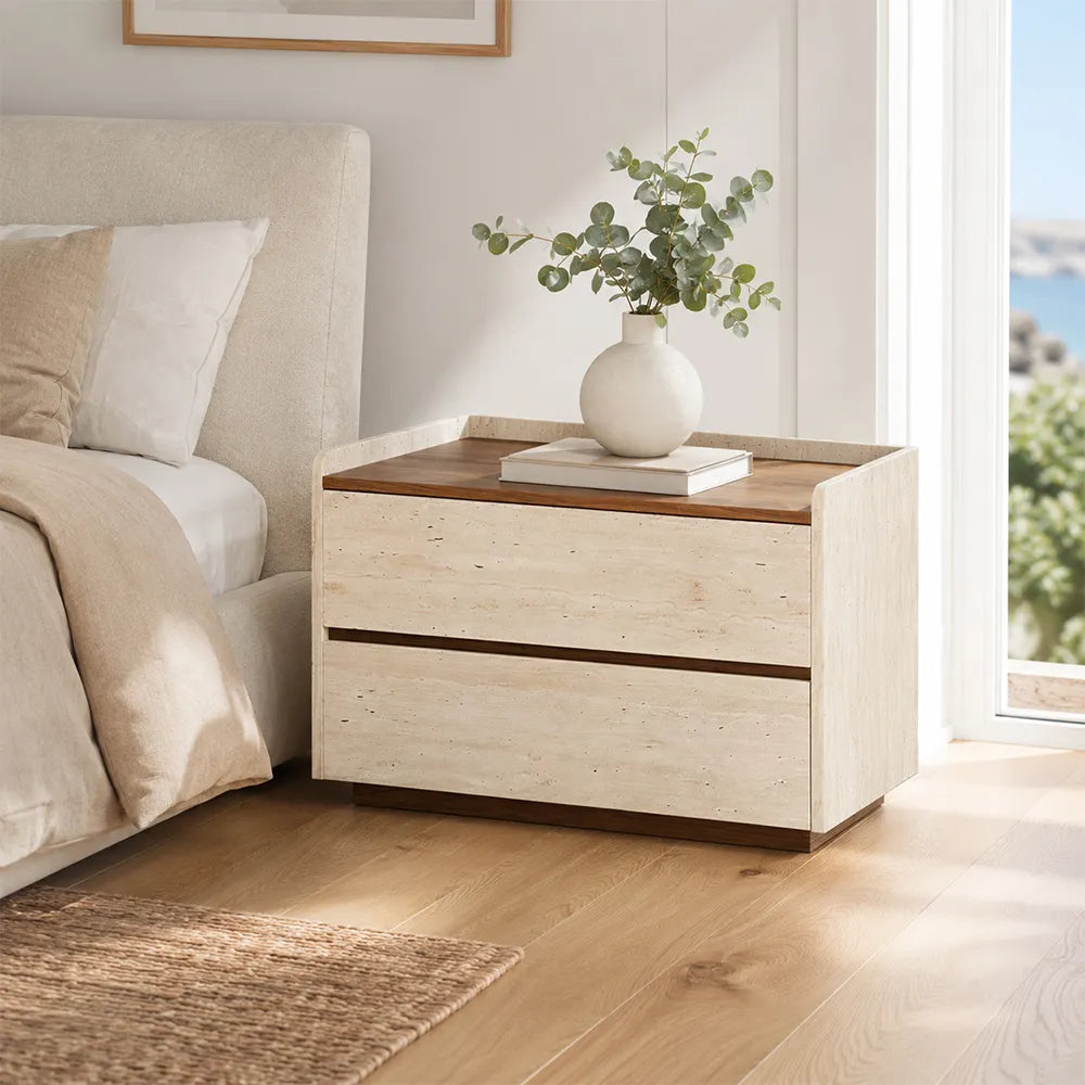 LIVARA Modern Bedside Table with 2 Drawers, Walnut Wood Top, Travertine Texture, Raised Edge Design - Walnut & Travertine