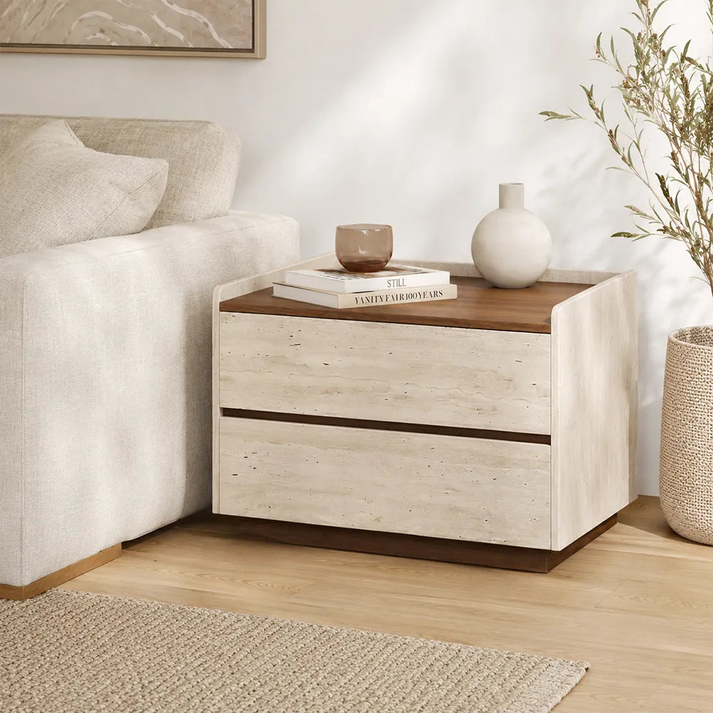 LIVARA Modern Bedside Table with 2 Drawers, Walnut Wood Top, Travertine Texture, Raised Edge Design - Walnut & Travertine