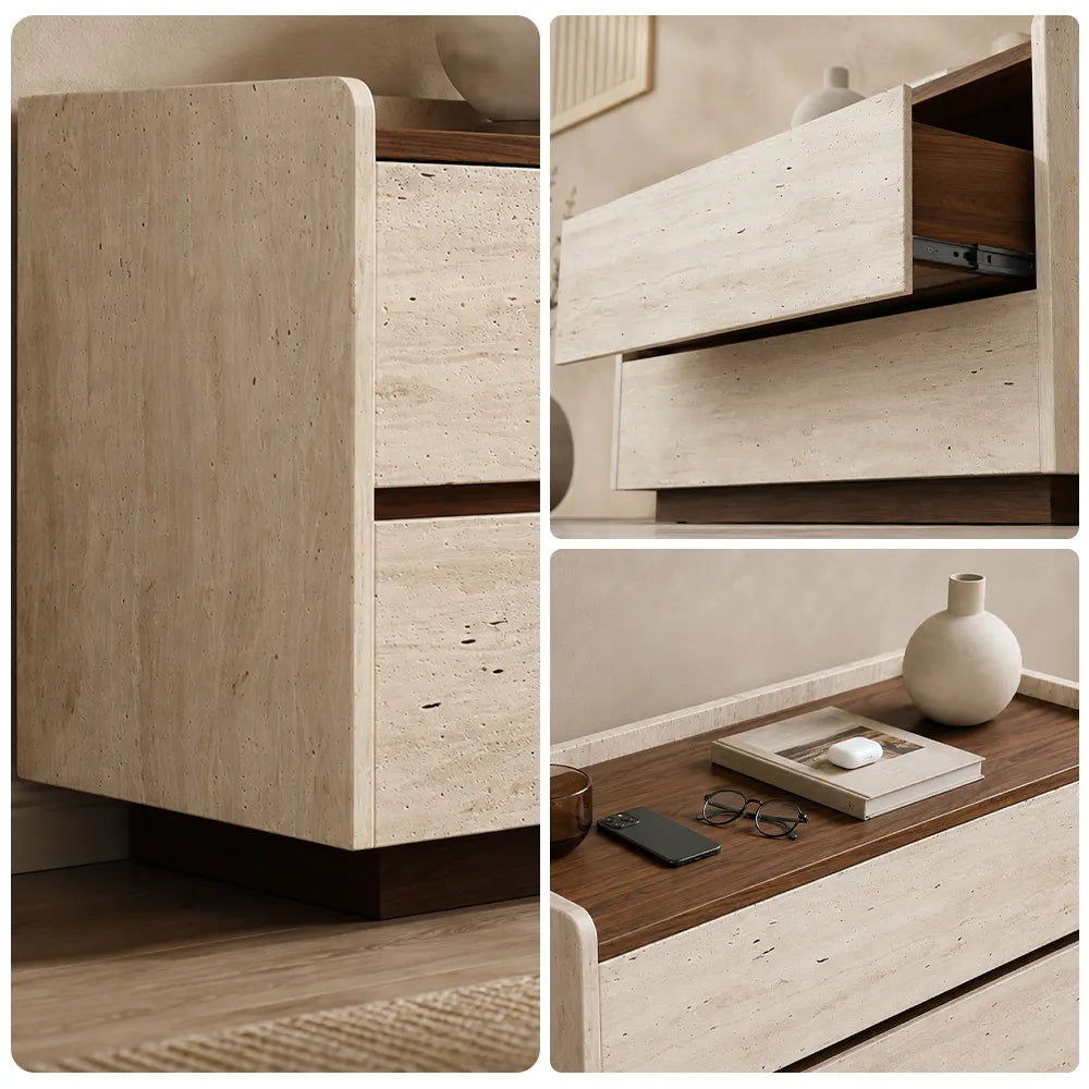 LIVARA Modern Bedside Table with 2 Drawers, Walnut Wood Top, Travertine Texture, Raised Edge Design - Walnut & Travertine