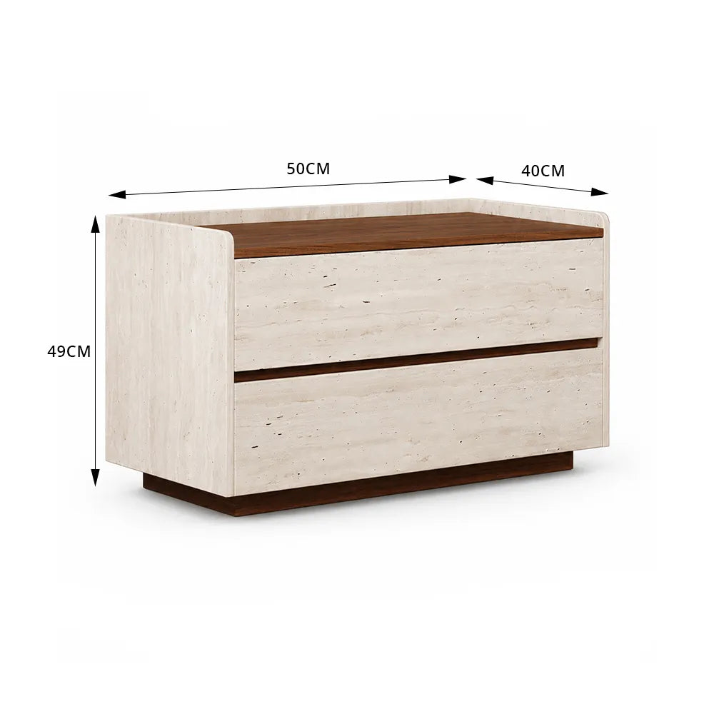 LIVARA Modern Bedside Table with 2 Drawers, Walnut Wood Top, Travertine Texture, Raised Edge Design - Walnut & Travertine