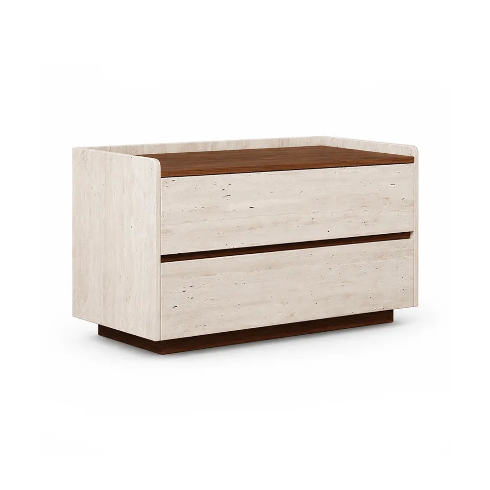 LIVARA Modern Bedside Table with 2 Drawers, Walnut Wood Top, Travertine Texture, Raised Edge Design - Walnut & Travertine