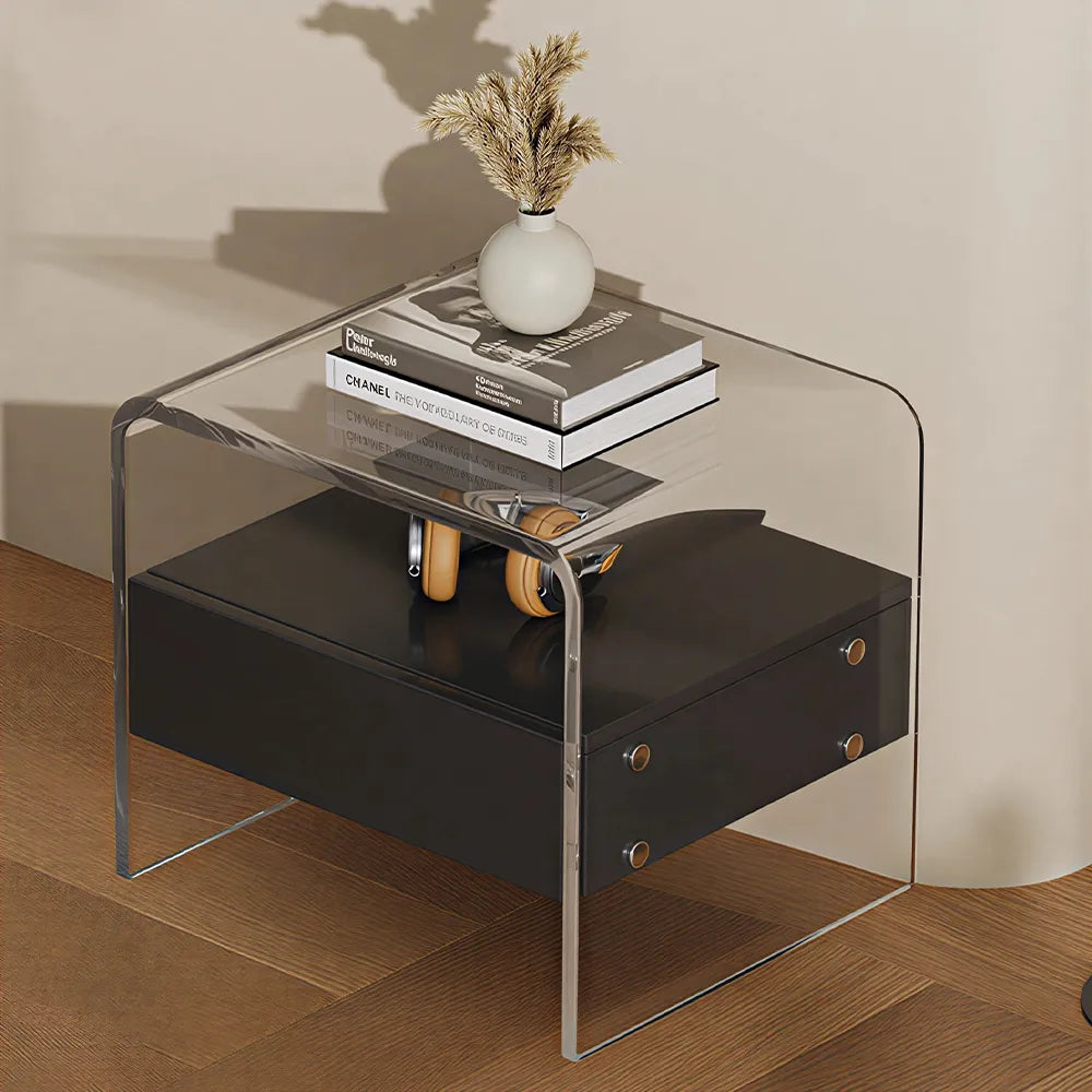 LIVARA Modern Bedside Table with Acrylic Legs, E0-Grade Wood Drawers, Transparent Frame, Minimalist Design - Black