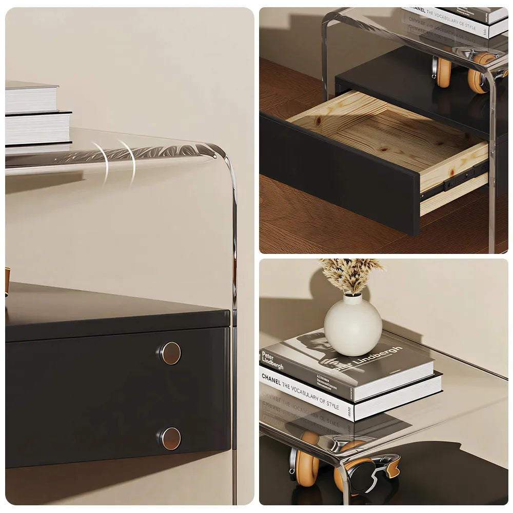 LIVARA Modern Bedside Table with Acrylic Legs, E0-Grade Wood Drawers, Transparent Frame, Minimalist Design - Black