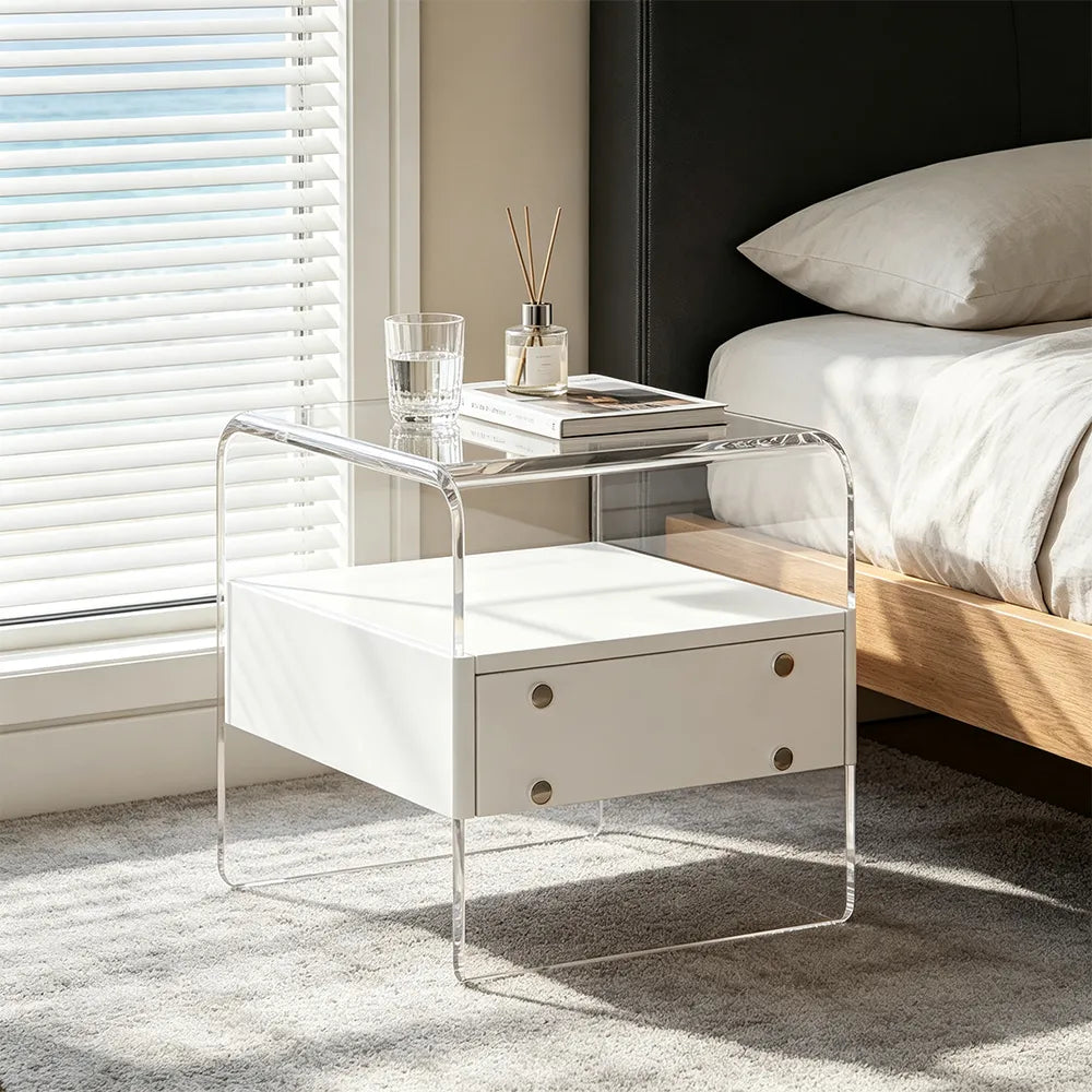 LIVARA Modern Bedside Table with Acrylic Legs, E0-Grade Wood Drawers, Transparent Frame, Minimalist Design - White