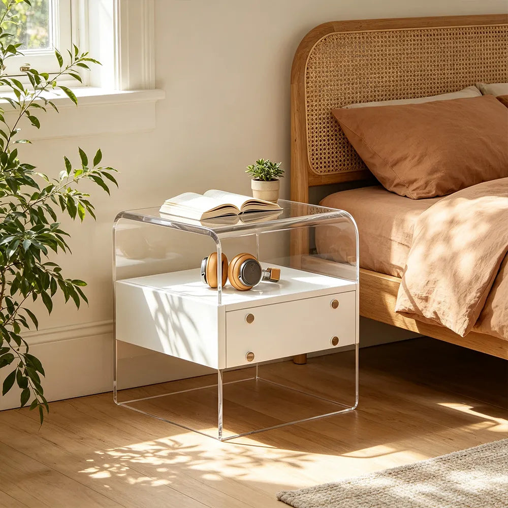 LIVARA Modern Bedside Table with Acrylic Legs, E0-Grade Wood Drawers, Transparent Frame, Minimalist Design - White