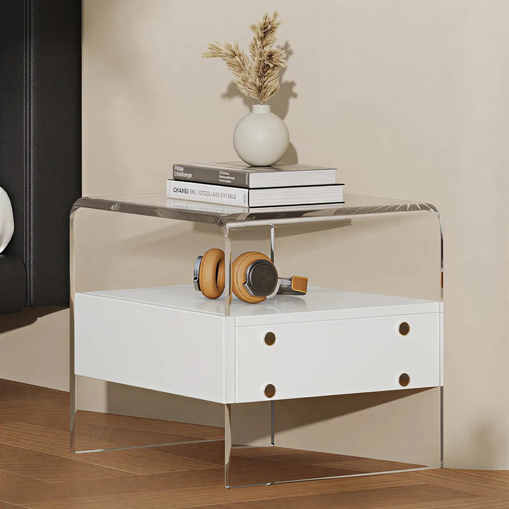 LIVARA Modern Bedside Table with Acrylic Legs, E0-Grade Wood Drawers, Transparent Frame, Minimalist Design - White
