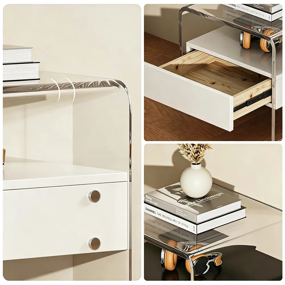 LIVARA Modern Bedside Table with Acrylic Legs, E0-Grade Wood Drawers, Transparent Frame, Minimalist Design - White