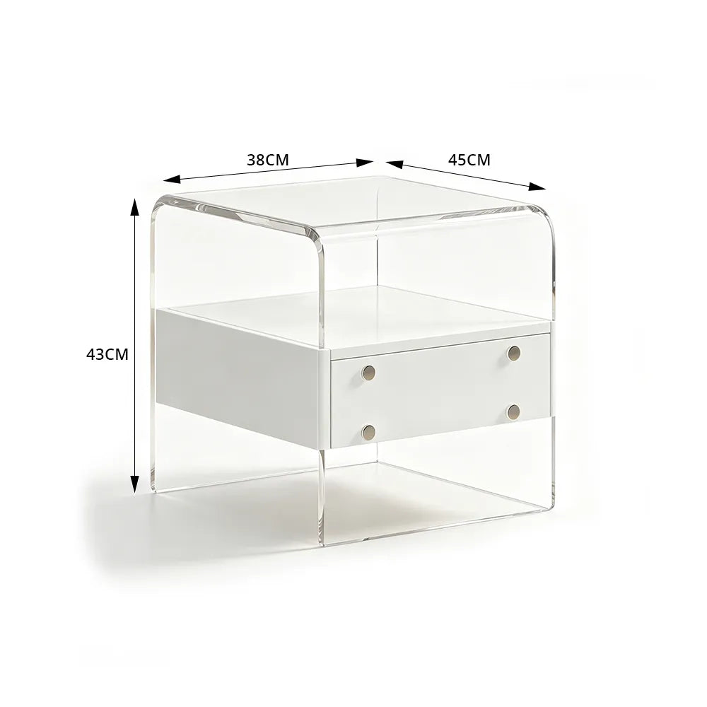 LIVARA Modern Bedside Table with Acrylic Legs, E0-Grade Wood Drawers, Transparent Frame, Minimalist Design - White