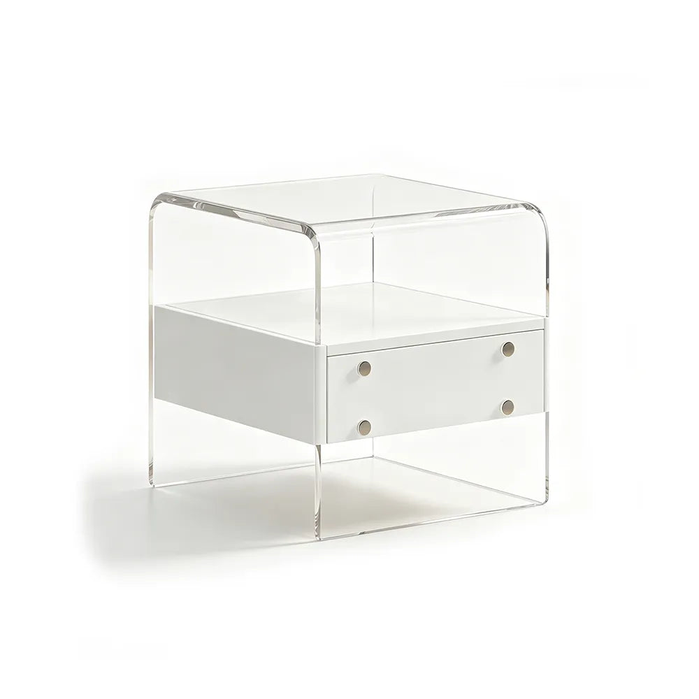 LIVARA Modern Bedside Table with Acrylic Legs, E0-Grade Wood Drawers, Transparent Frame, Minimalist Design - White