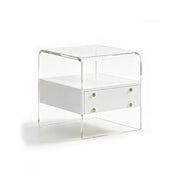 LIVARA Modern Bedside Table with Acrylic Legs, E0-Grade Wood Drawers, Transparent Frame, Minimalist Design - White