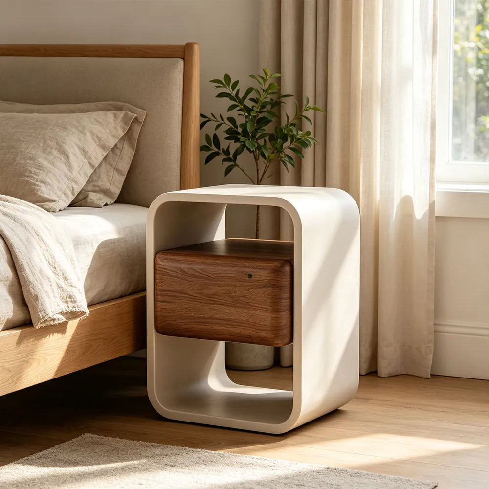 LIVARA Modern Bedside Table with Floating Walnut Drawer, Open Storage Shelves, Rounded Frame Design, Eco-Friendly Finish - Walnut & Cream