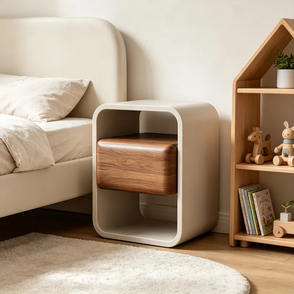 LIVARA Modern Bedside Table with Floating Walnut Drawer, Open Storage Shelves, Rounded Frame Design, Eco-Friendly Finish - Walnut & Cream