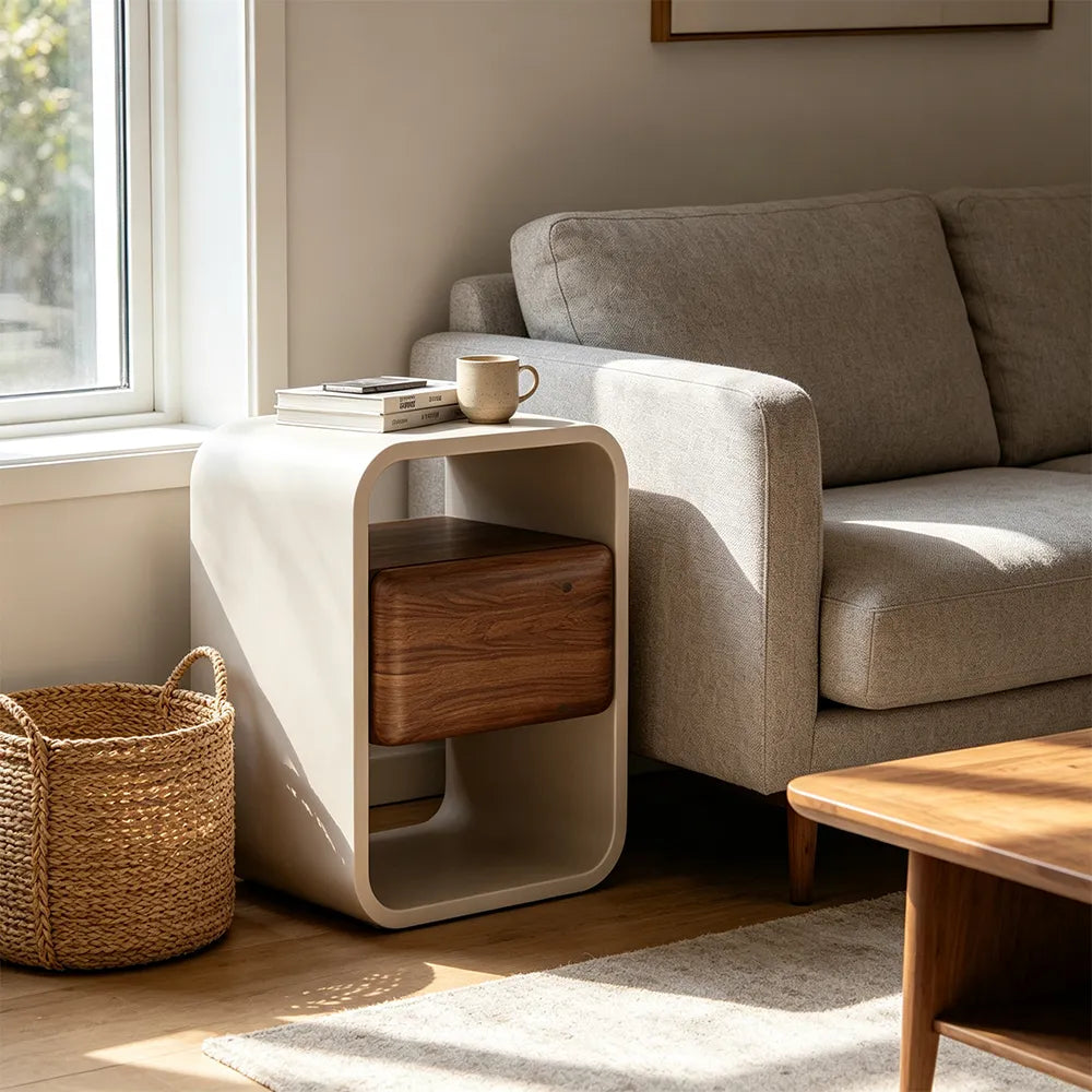 LIVARA Modern Bedside Table with Floating Walnut Drawer, Open Storage Shelves, Rounded Frame Design, Eco-Friendly Finish - Walnut & Cream