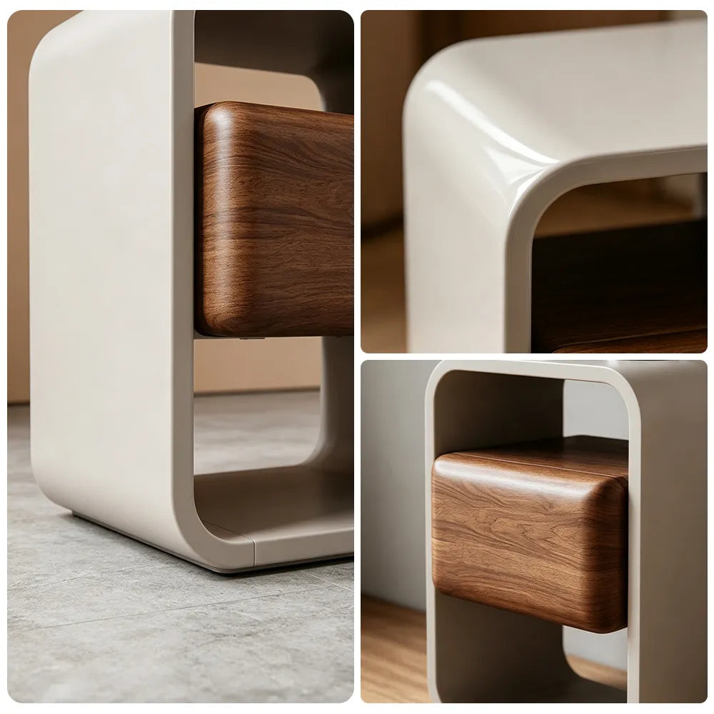 LIVARA Modern Bedside Table with Floating Walnut Drawer, Open Storage Shelves, Rounded Frame Design, Eco-Friendly Finish - Walnut & Cream