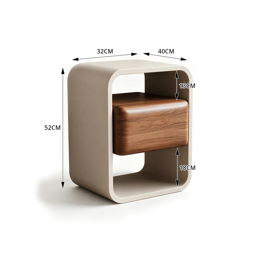 LIVARA Modern Bedside Table with Floating Walnut Drawer, Open Storage Shelves, Rounded Frame Design, Eco-Friendly Finish - Walnut & Cream