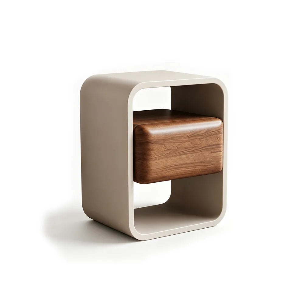 LIVARA Modern Bedside Table with Floating Walnut Drawer, Open Storage Shelves, Rounded Frame Design, Eco-Friendly Finish - Walnut & Cream