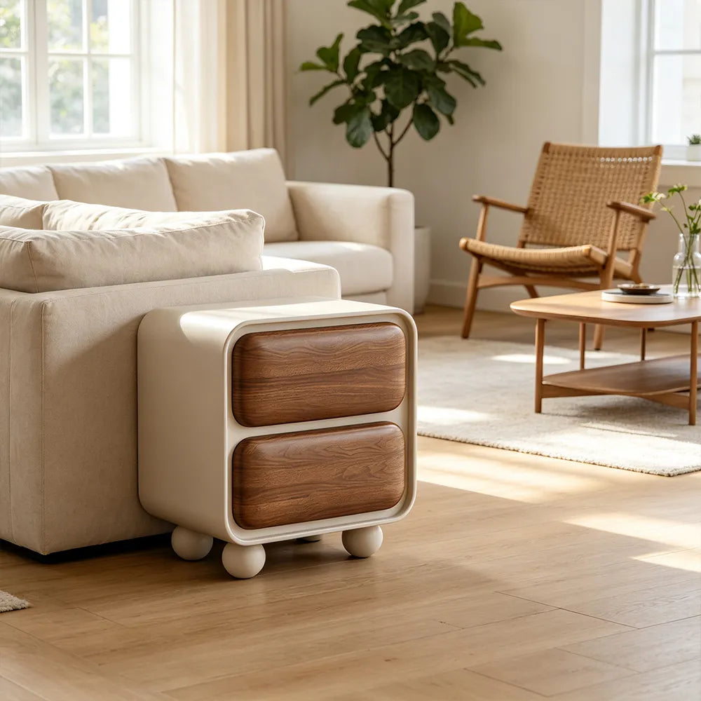 LIVARA Modern Bedside Table with 2 Rounded Drawers, Walnut Wood Grain Veneer, Curved Frame, Ball Feet - Cream & Walnut