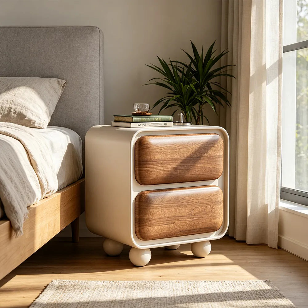 LIVARA Modern Bedside Table with 2 Rounded Drawers, Walnut Wood Grain Veneer, Curved Frame, Ball Feet - Cream & Walnut