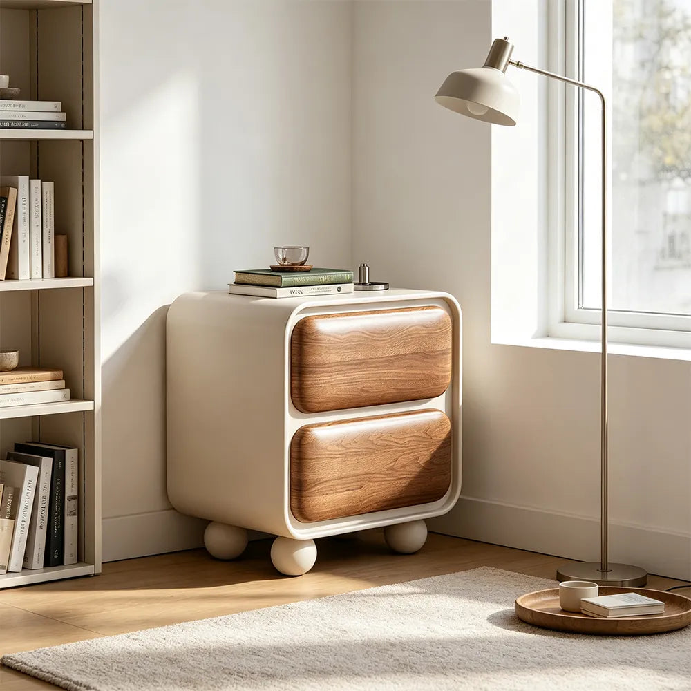 LIVARA Modern Bedside Table with 2 Rounded Drawers, Walnut Wood Grain Veneer, Curved Frame, Ball Feet - Cream & Walnut