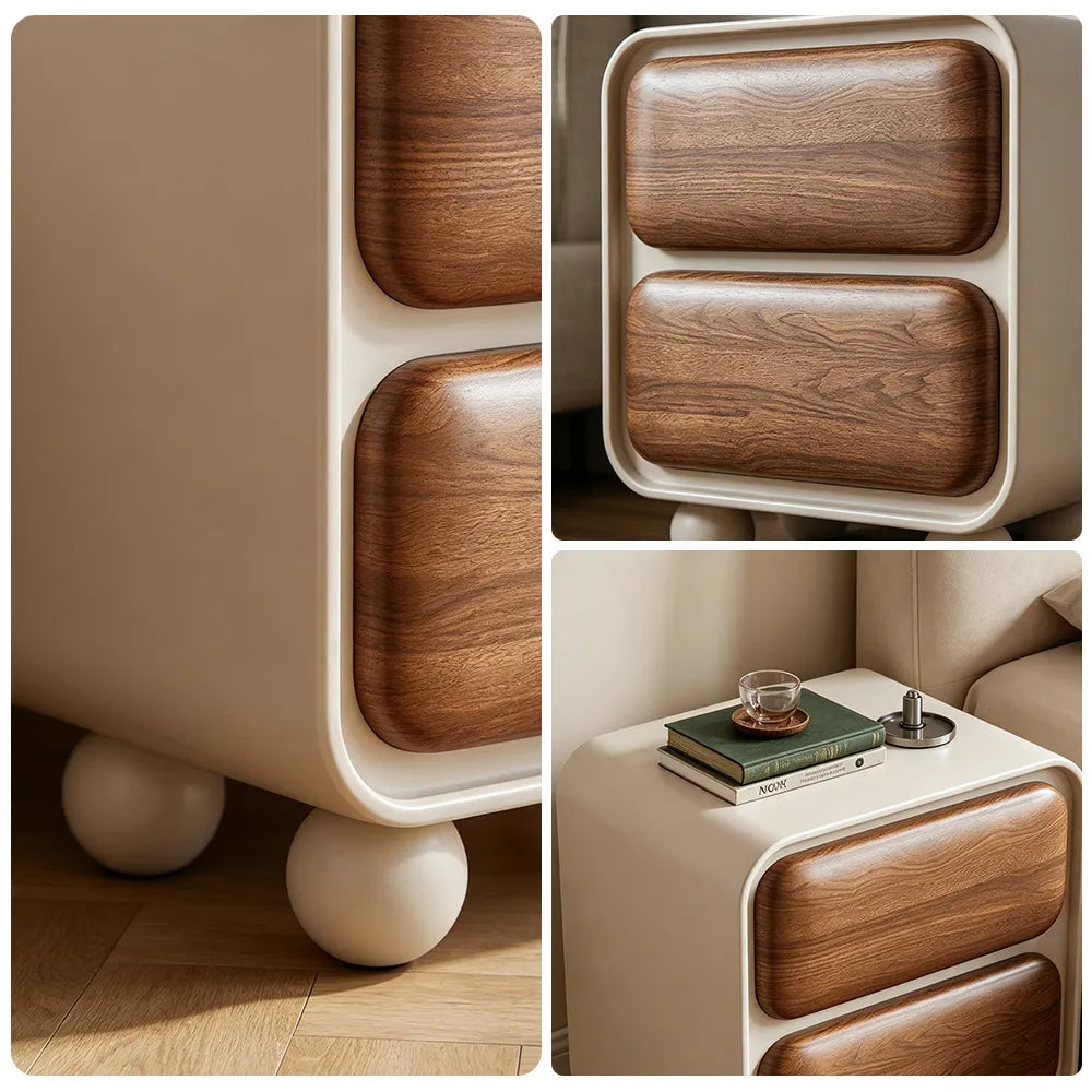 LIVARA Modern Bedside Table with 2 Rounded Drawers, Walnut Wood Grain Veneer, Curved Frame, Ball Feet - Cream & Walnut