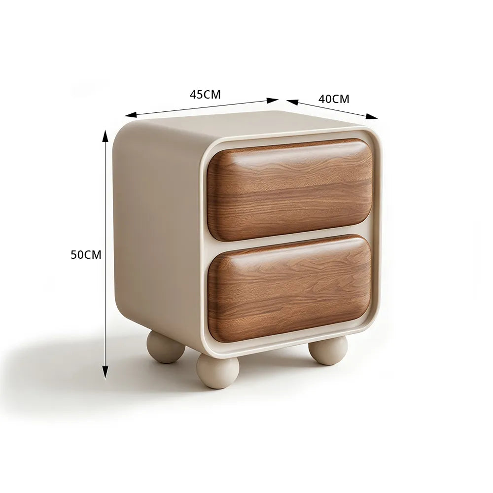 LIVARA Modern Bedside Table with 2 Rounded Drawers, Walnut Wood Grain Veneer, Curved Frame, Ball Feet - Cream & Walnut