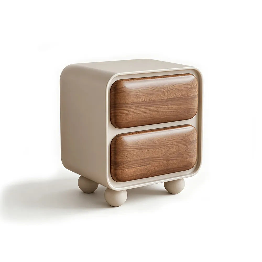 LIVARA Modern Bedside Table with 2 Rounded Drawers, Walnut Wood Grain Veneer, Curved Frame, Ball Feet - Cream & Walnut