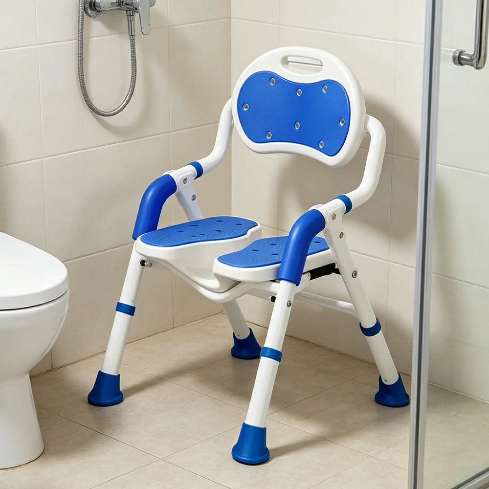 LIVARA Foldable Shower Chair with EVA Cushion PE Waterproof Seat Drainage Holes Anti-Slip Feet for Elderly Pregnant Bathroom Use - Blue