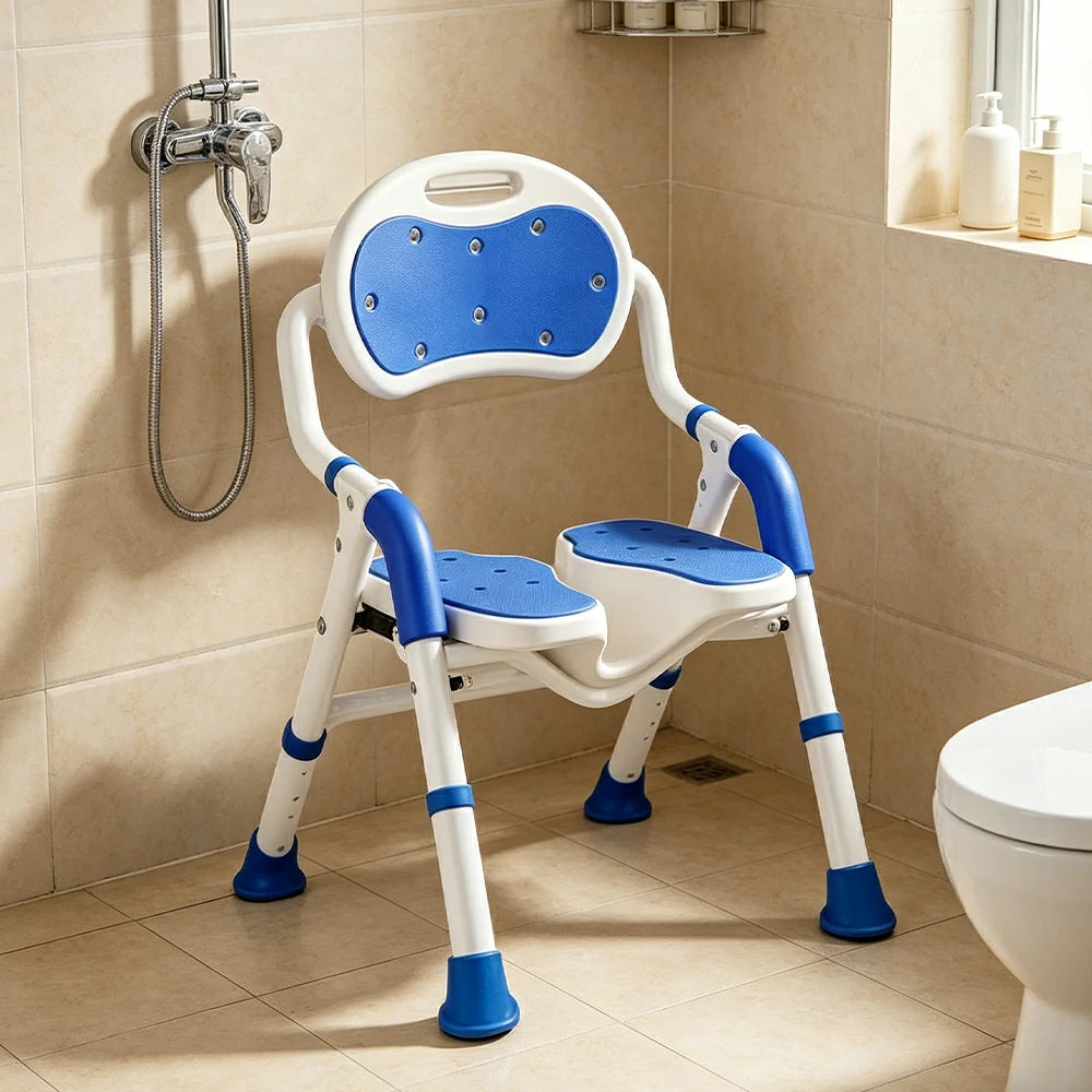 LIVARA Foldable Shower Chair with EVA Cushion PE Waterproof Seat Drainage Holes Anti-Slip Feet for Elderly Pregnant Bathroom Use - Blue