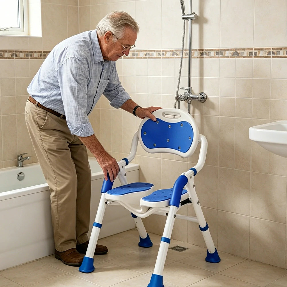 LIVARA Foldable Shower Chair with EVA Cushion PE Waterproof Seat Drainage Holes Anti-Slip Feet for Elderly Pregnant Bathroom Use - Blue