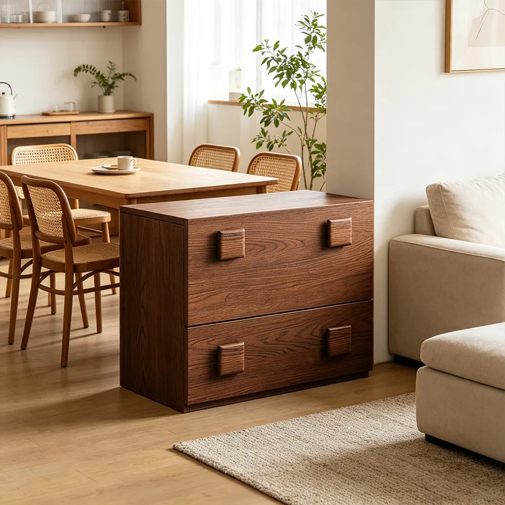 LIVARA Mid-Century Modern Bedside Table with 2 Drawers, Wood Grain Finish, Square Wooden Handles - Vintage Walnut
