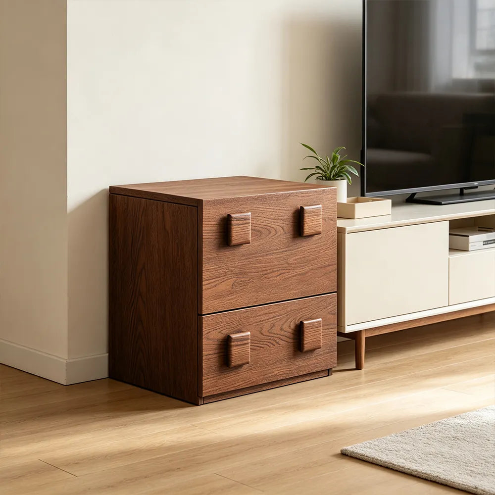 LIVARA Mid-Century Modern Bedside Table with 2 Drawers, Wood Grain Finish, Square Wooden Handles - Vintage Walnut