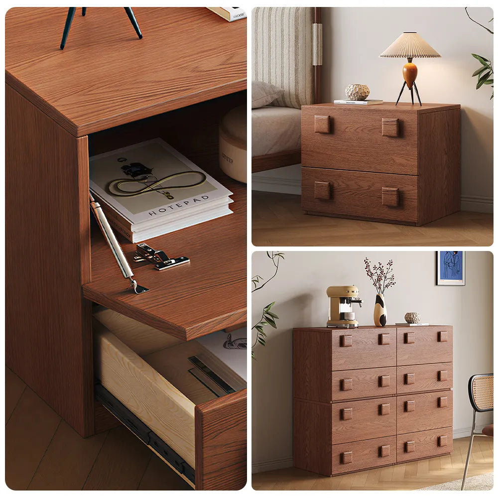 LIVARA Mid-Century Modern Bedside Table with 2 Drawers, Wood Grain Finish, Square Wooden Handles - Vintage Walnut