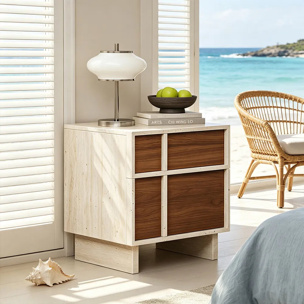 LIVARA Modern Bedside Table with 2 Drawers, Walnut Wood Grain Fronts, Travertine Texture, Sturdy Base - Walnut & Travertine