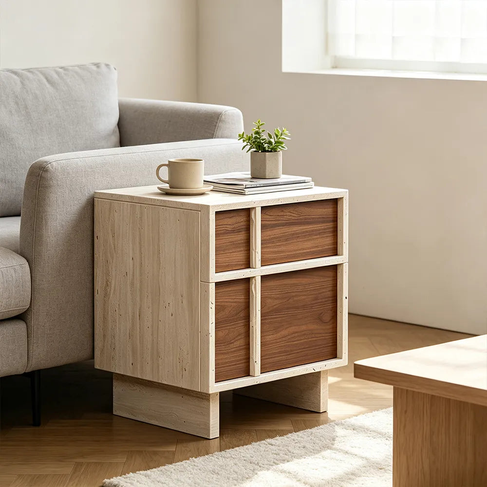 LIVARA Modern Bedside Table with 2 Drawers, Walnut Wood Grain Fronts, Travertine Texture, Sturdy Base - Walnut & Travertine