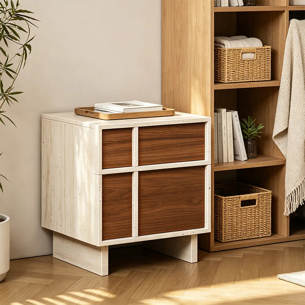 LIVARA Modern Bedside Table with 2 Drawers, Walnut Wood Grain Fronts, Travertine Texture, Sturdy Base - Walnut & Travertine
