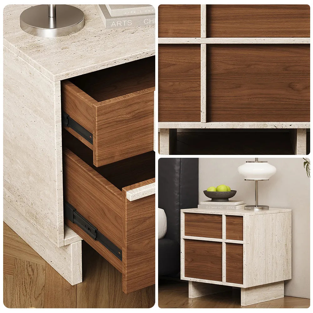 LIVARA Modern Bedside Table with 2 Drawers, Walnut Wood Grain Fronts, Travertine Texture, Sturdy Base - Walnut & Travertine